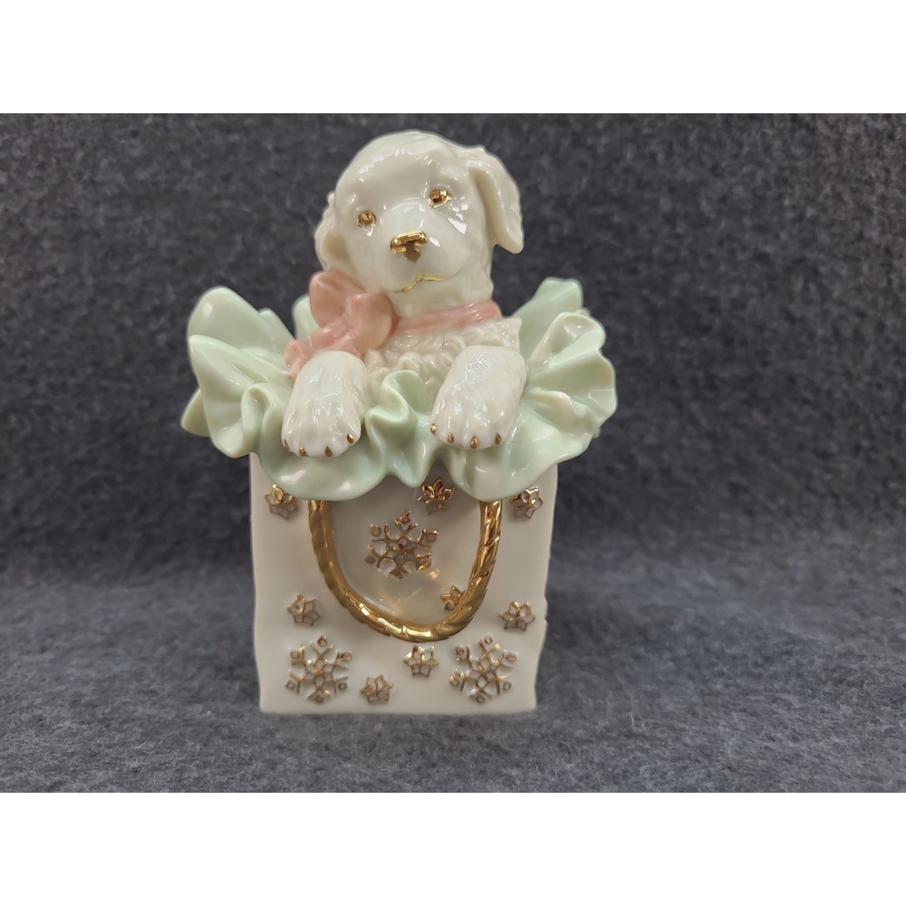 Puppy in Bag Figurine Lenox Christmas Playful Present Dog in a Gift Bag Holiday